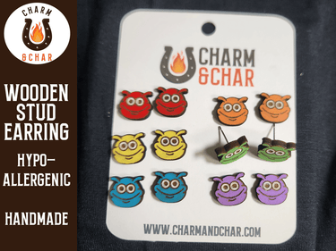 Monster Wood Stud Earrings - Animal Fashion Earring - Stud Earring - Charm and Char